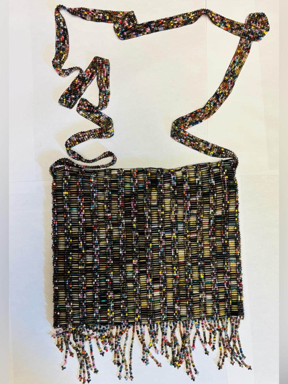 Source Unknown Black Multicolor Beaded Fringe Crossbody NWOT